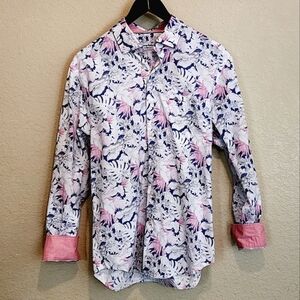 Tommy Bahama Island Zone Pink and Blue Leaf Print Button Down Shirt Pima Blend S